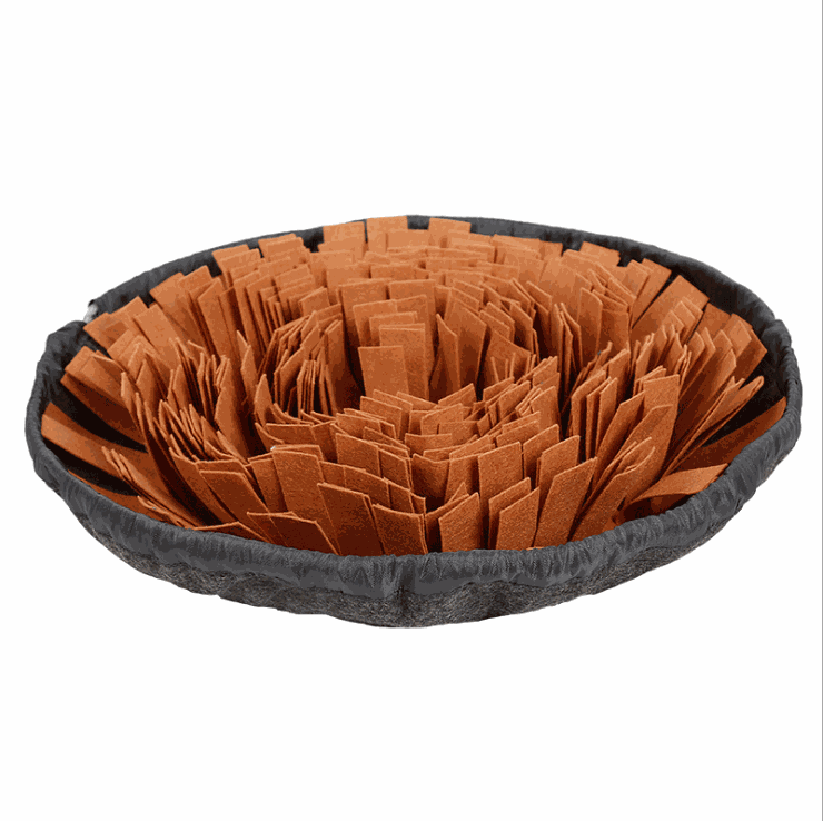 Snuffle Mat & Slow Feeder in brown felt with dense layered folds and a black padded rim