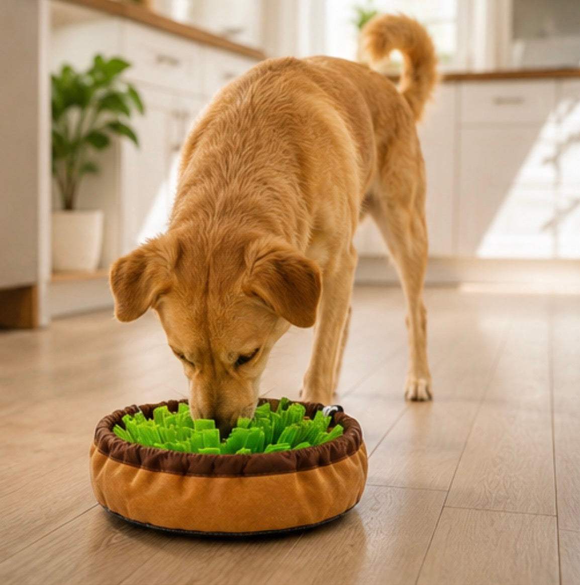 Snuffle Mat & Slow Feeder in brown plush fabric with green ridges, used by a golden-brown dog