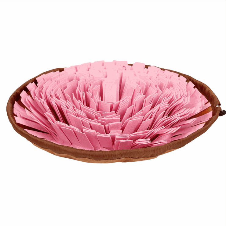 Snuffle Mat & Slow Feeder in pink felt with dense layered folds and a brown fabric rim