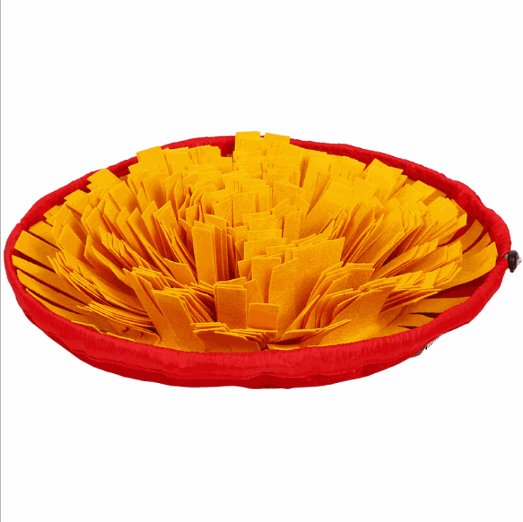 Snuffle Mat & Slow Feeder in red and orange soft felt with dense layered foraging strips